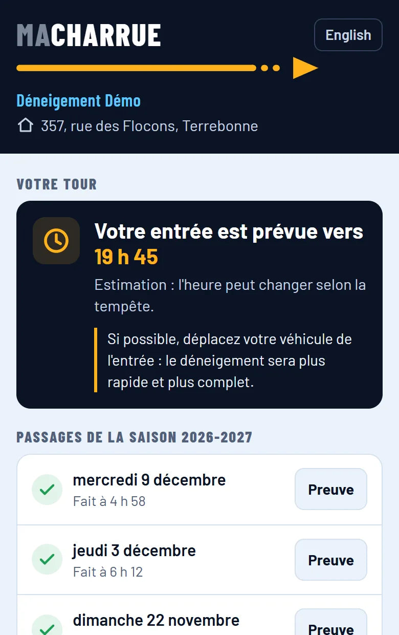 Charrue : portail du client avec l'heure d'arrivée estimée
